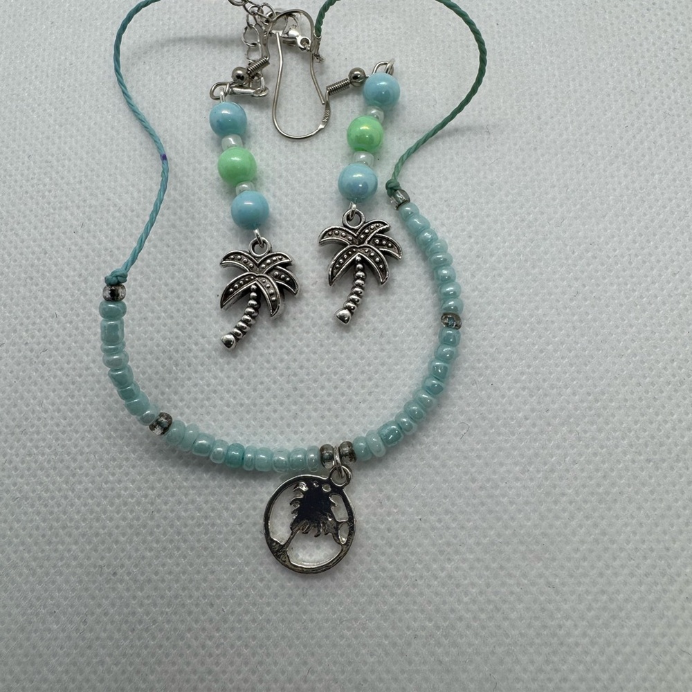 Palm Tree Charm Jewelry Set - Silver and Blue